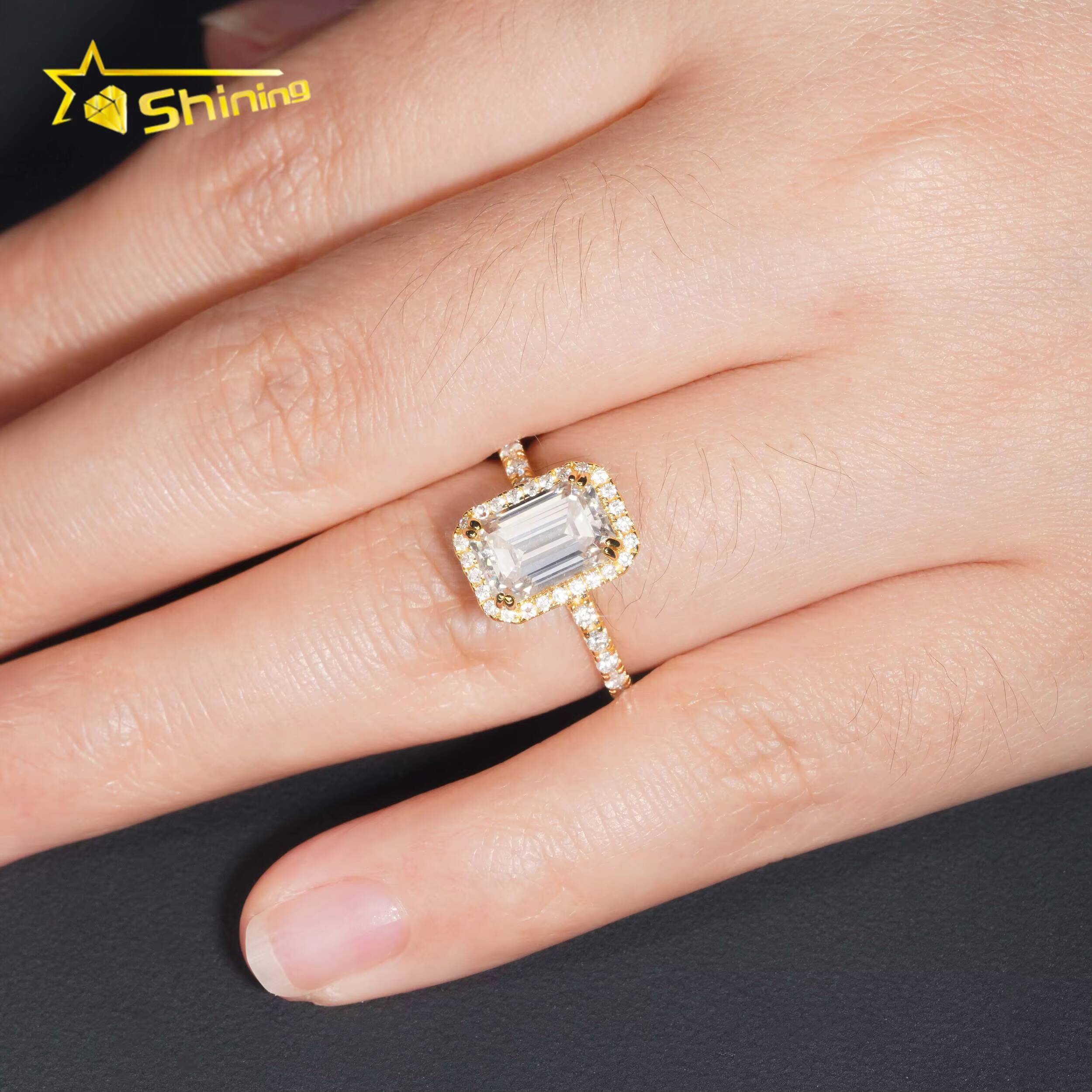 Wholesale Classic Gold Plated Vvs Moissanite Diamond 925 Silver Emerald Cut Halo Women Engagement Wedding Rings