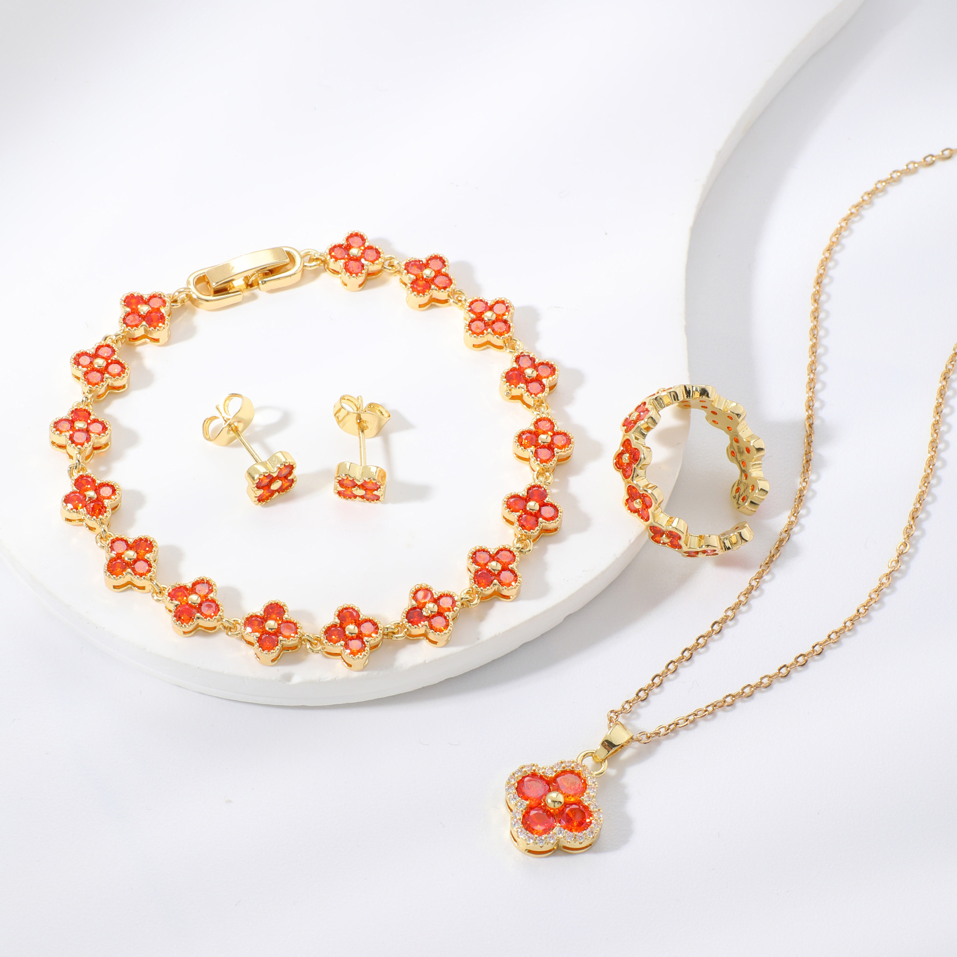 High-End Colorful Bracelet Four-Leaf Clover Bangle Luxury Jewelry For Women Moissanite Chain Copper Inlaid Zircon Earrings Necklace Bracelet Ring Jewe