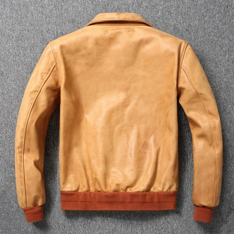Classic Flight A2 Pilot Jacket Vintage Dirty Yellow Oil Waxed Cowhide Genuine Leather Men Jackets Male Coats 251218