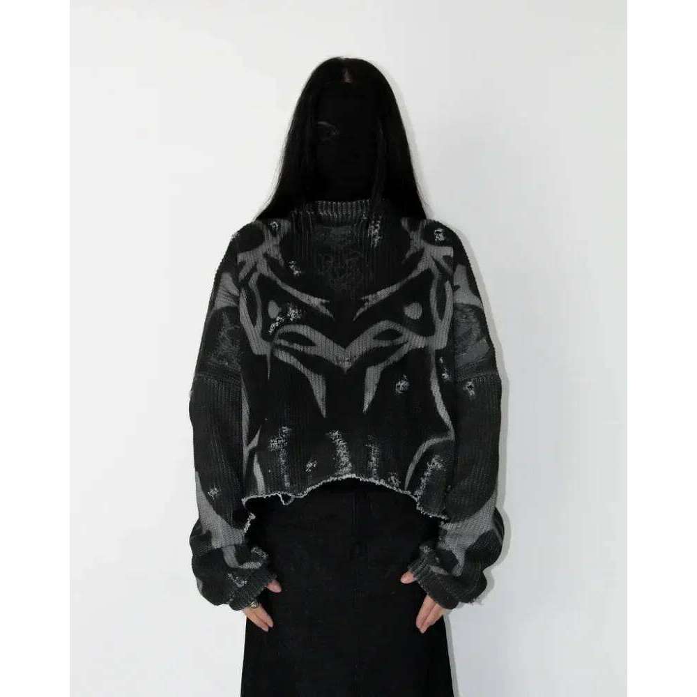 Black Gothic Print Pullover Long Sleeve Knitted Sweater Men and Women Y2k Harajuku Striped Tear High Street Punk Slim Sweaters