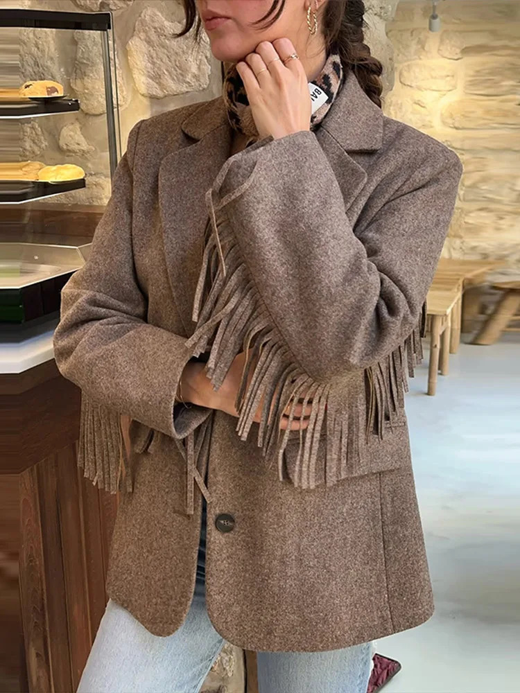 Chic Womens Blazer Turn down Collar Full Sleeve Tassel Solid Female Blazers 2025 Autumn Elegant Fashion High Street Lady Coat 251227