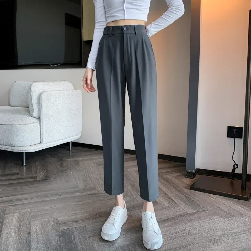 Womens High-Waisted Suit Pants Spring Summer Solid Button Casual Loose Ankle-Length Khaki Workwear Trousers Women 251219