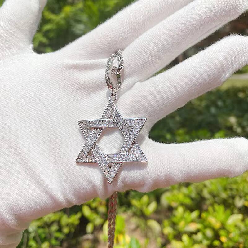 European and American Six Star Micro-inlaid Mens Necklace Star of David Hip Hop Pendant and Hot