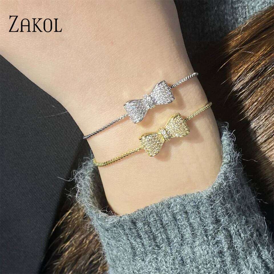 ZAKOL Fashion Bow Zirconia Crystal Adjustable Bracelet & Bangle for Women Brilliant CZ Party Jewelry
