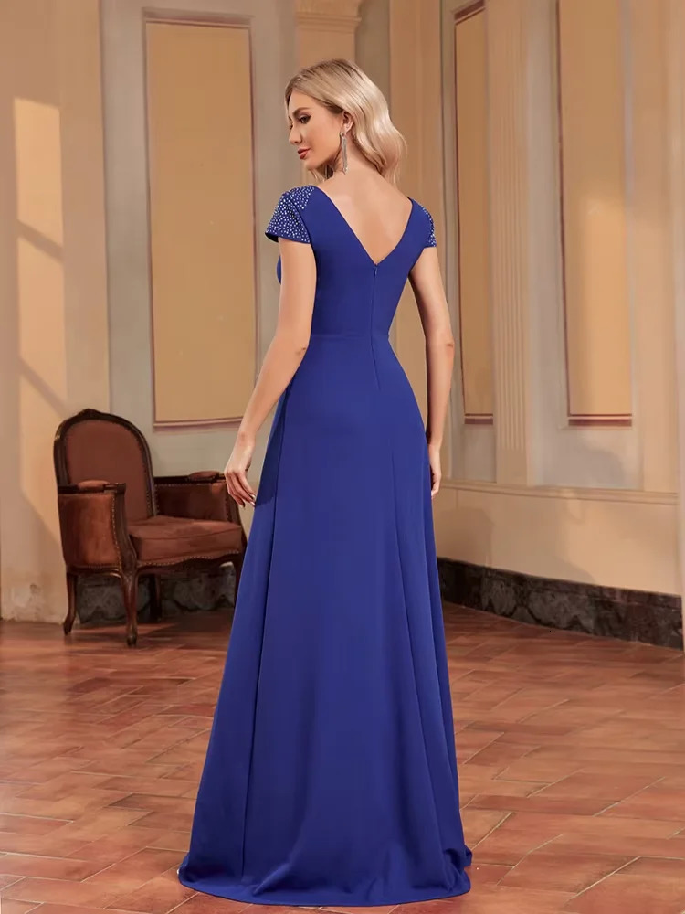 Elegant V-Neck Blue Mermaid Evening Dress Women Short Sleeves Party Dress Long Prom Cocktail Gown Vestidos 251219
