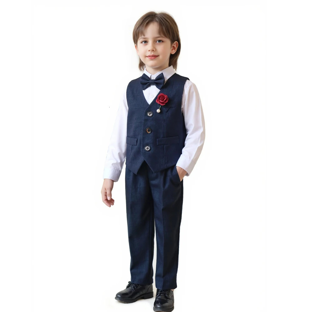 4 pcs sets Plaid Boys Formal Tuxedo Suit with Bow tie Childrens Blazer for Teenager Kid Party Performance Wedding Dress Costume 251218