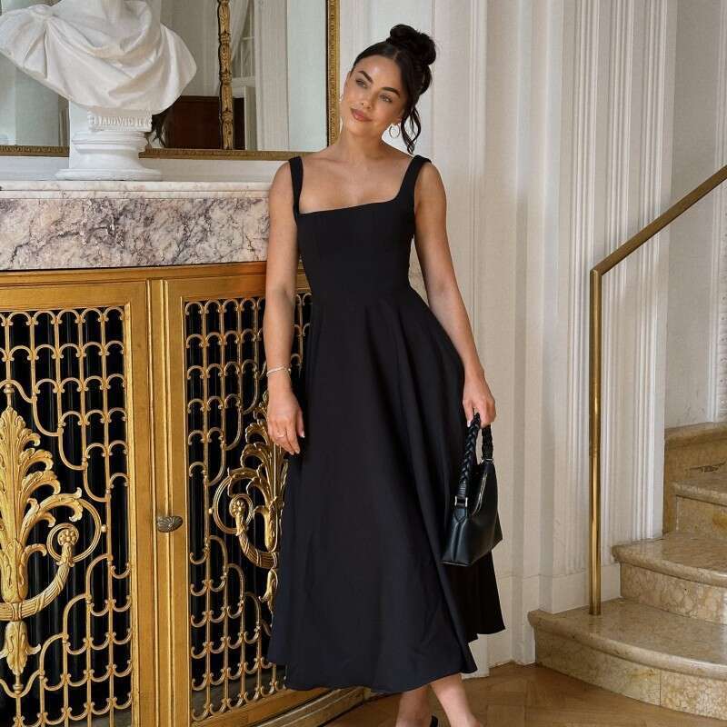 Dress for women Elegant Solid Color Square Neck Sleeveless Waist-Cinching Strap Dress, 2026 Spring Summer New European and American Fashion Vacation O