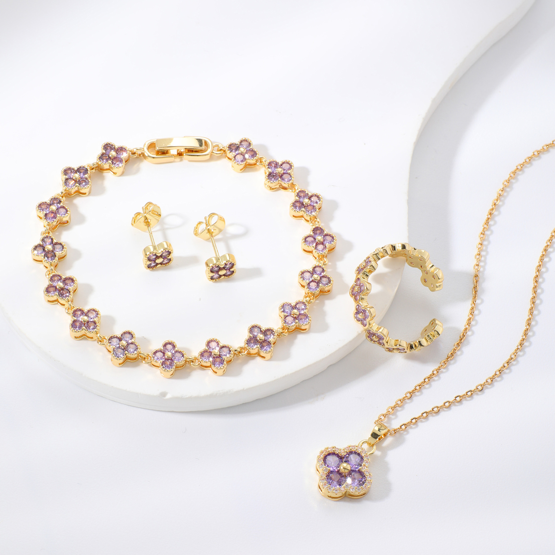 High-End Colorful Bracelet Four-Leaf Clover Bangle Luxury Jewelry For Women Moissanite Chain Copper Inlaid Zircon Earrings Necklace Bracelet Ring Jewe