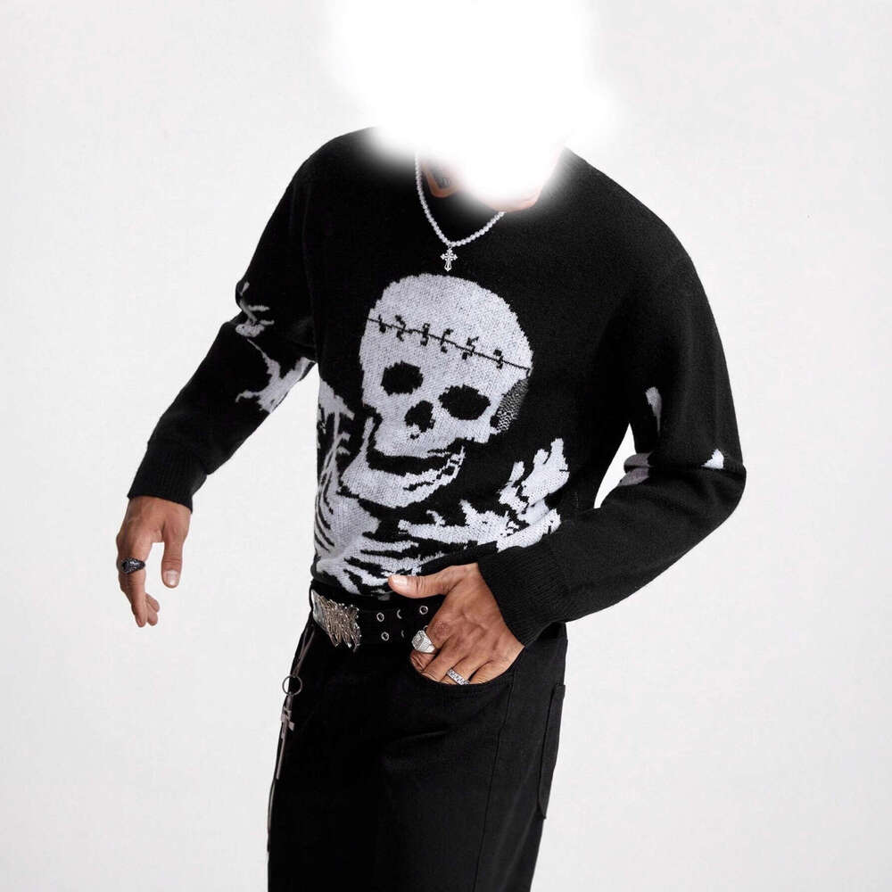 Autumn Winter Vintage Y2K Round Neck Skull Jacquard Unisex Loose Knitted Pullover Sweater Ins