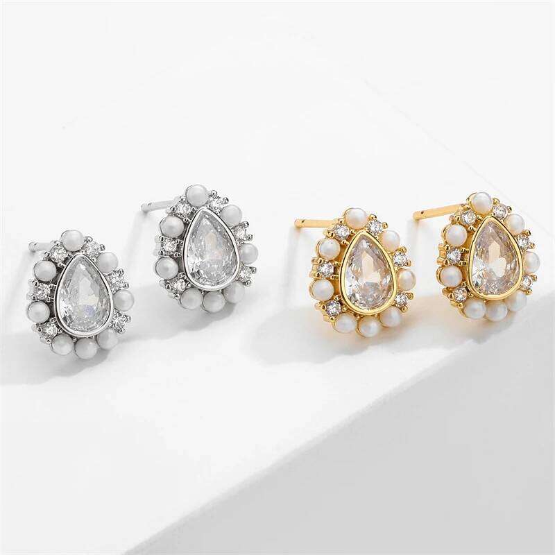 Korean Round Imitation Pearl Stud Earrings for Women Cute Water Drop Zircon Wedding Earring Party Jewelry 2023 New
