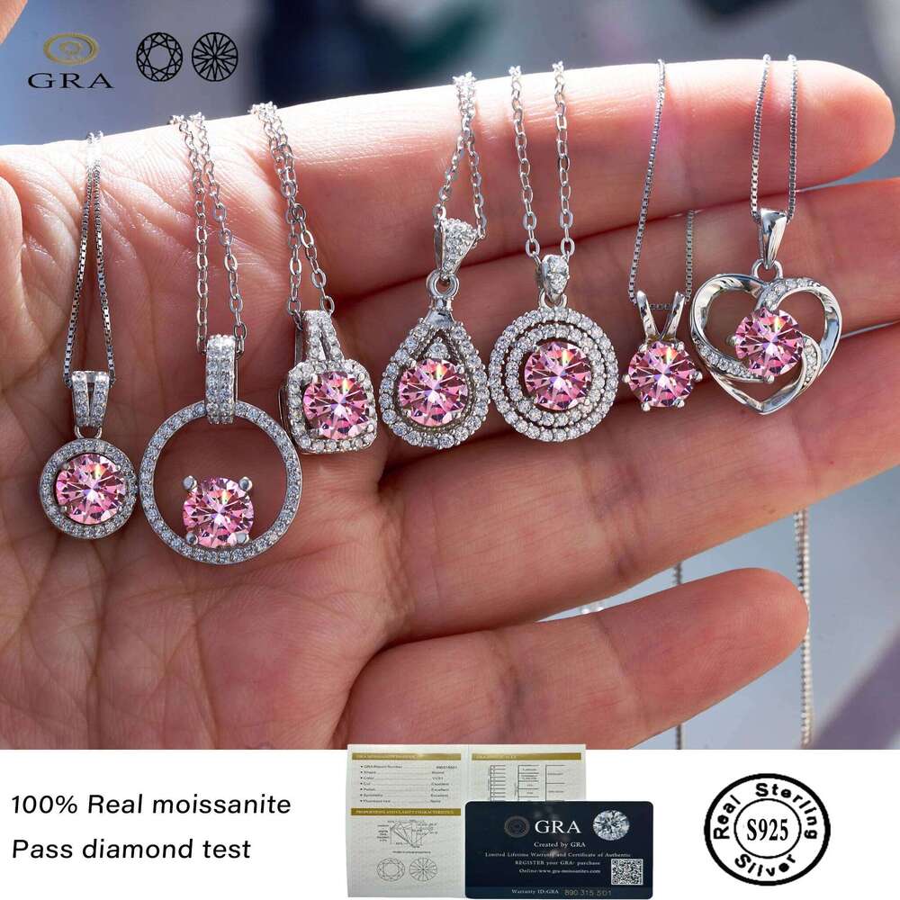 Pink color Moissanite pendant necklace 1 Ct 6.5mm Real Gra lab Diamond Pendant Necklace 925 Sterling Silver Luxury Jewelry 92e