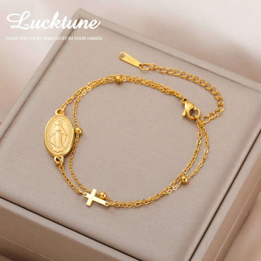 Lucktune Virgin Mary With Cross Pendant Stainless Steel Beads Chain Bracelets For Women Religious Amulet girls jewelry 25H1229