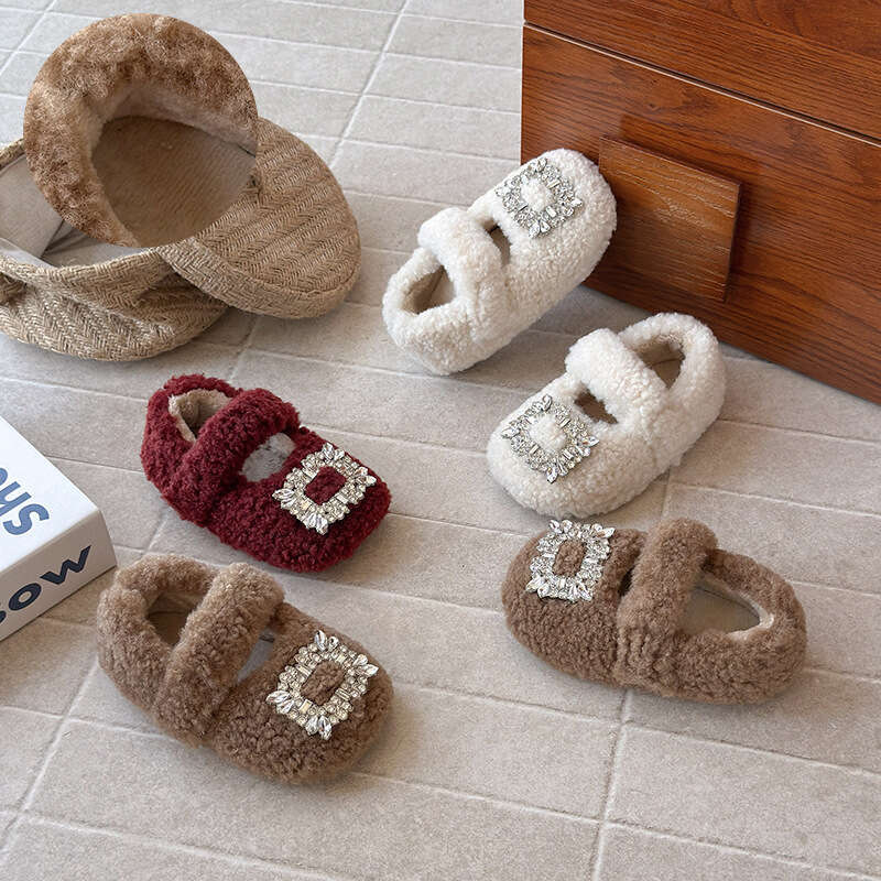 INS Fleece-Lined Fur 2025 Autumn Winter New Korean Style Girls' Rhinestone Princess Soft Sole Warm Cotton Shoes