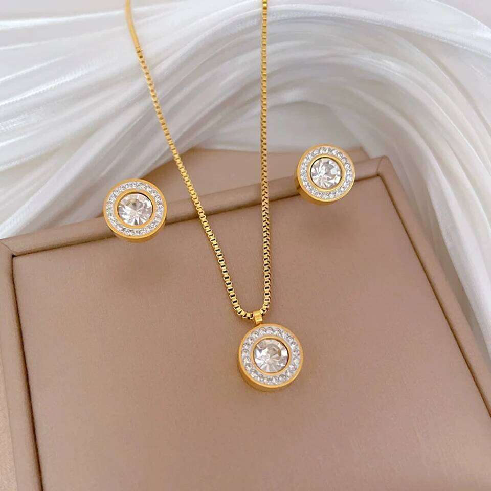 ZAKOL Shiny Crystal Zircon Round Pendant Necklace Earrings for Women Exquisite Stainless Steel Chain 2 Pcs Jewelry Set