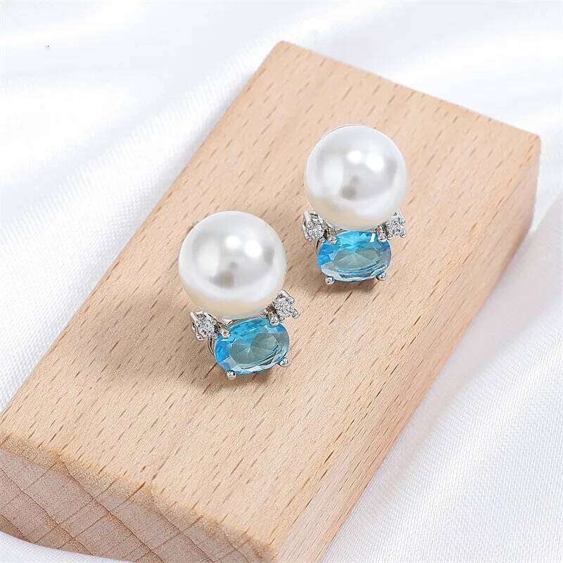 Cute Blue Oval Cubic Zirconia Stud Earrings for Women Simple Small Imitation Pearl Earring Delicate Birthday Jewelry