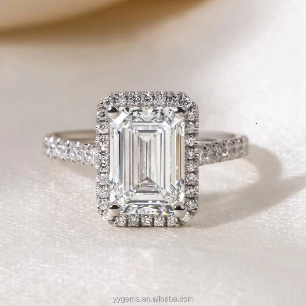 Yu Ying Best Selling 4CT Emerald Cut Moissanite 14K White Gold Diamond Band Halo Proposal Engagement Wedding Ring Women