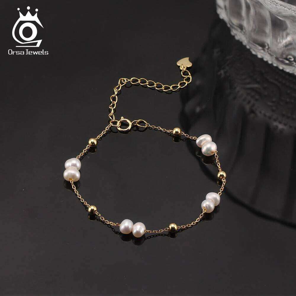 ORSA JEWELS 925 Sterling Silver Pearls Chain Vinatge 14K Gold Pearl Beads Bracelet on Hand Female Party Jewelry GPB40 25H1229