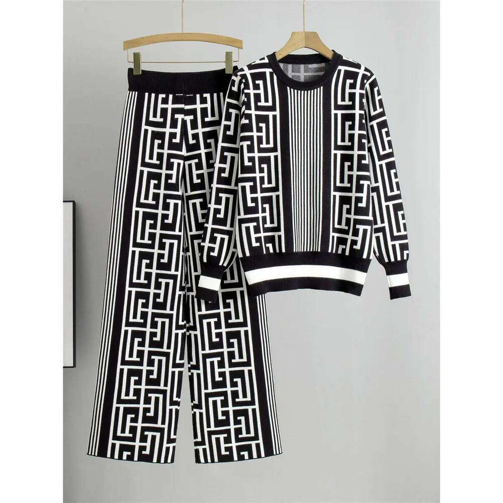 Chic Mardi Hefxessdr Loose Knitted Pieces Sets Women Casual Knitwears O neck Pullover Tops Conjuntos Korean High Waist Wide Leg Pants Outfit