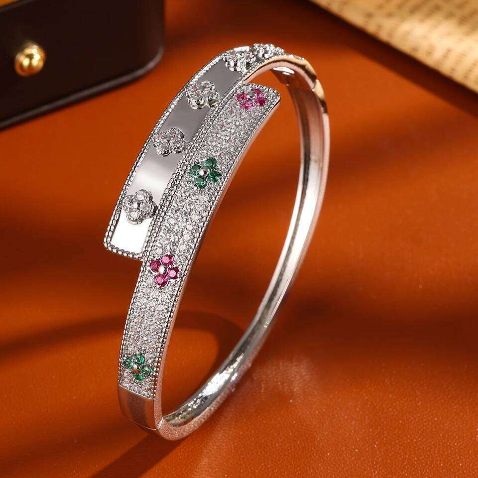 ZAKOL New Niche Design Four-leaf Flower Zircon Inlaid Bracelet for Women Shiny Colorful CZ Cuff Bangles Wedding Party Jewelry