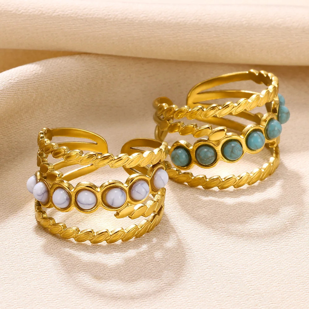 Boho Blue Natural Stone Ring For Women Men Gold Color Stainless Steel Ring Hollow Adjustable Opening Rings Jewelry Gift 251219