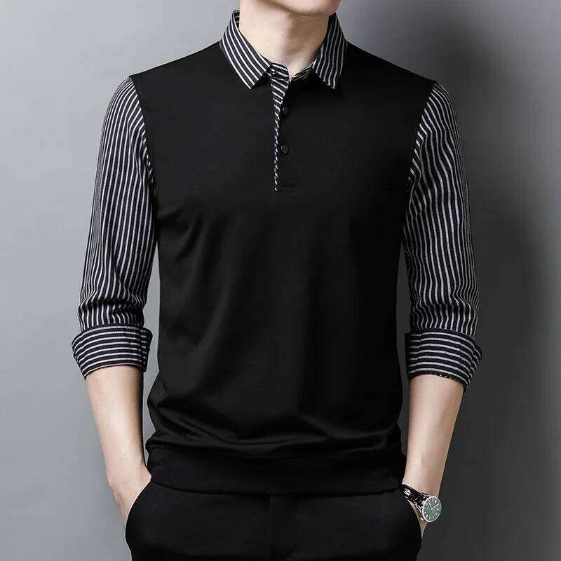 New Men's Casual And Fashionable Long Sleeved POLO Shirt With Contrasting Print Anti Wrinkle Top