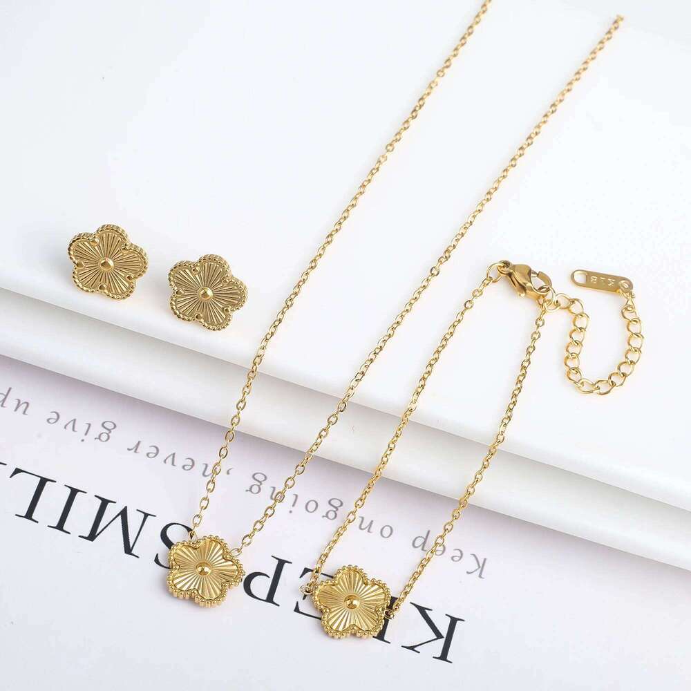 Clover Five Leaf Flower Stainless Steel Bracelet Necklace Earrings Set Luxury for Women High Quality Party Jewelry Gift 25H1229