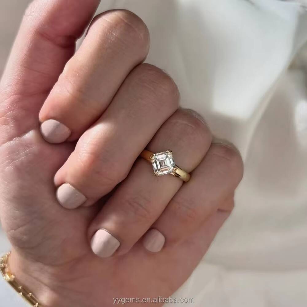 Fine Jewelry Double Prongs 2CT Top Quality Asscher Cut Moissanite Diamond 18K Yellow Gold Women Wedding Engagement Ring