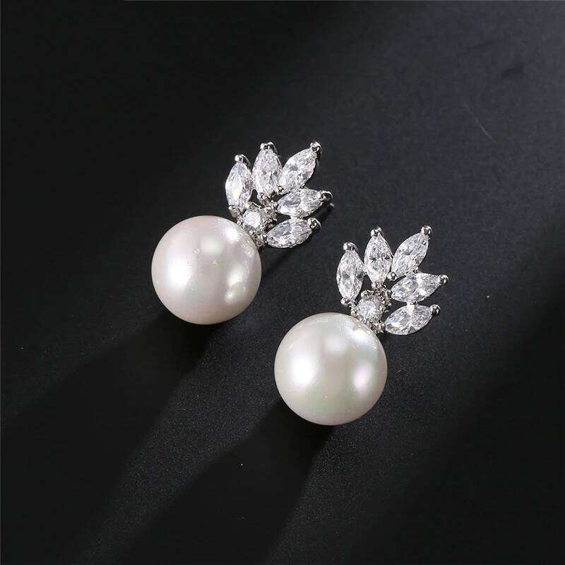 ZAKOL Temperament Imitation Pearl Flower Stud Earrings Elegant Leaf Marquise Zirconia Wedding Party Jewelry for Women