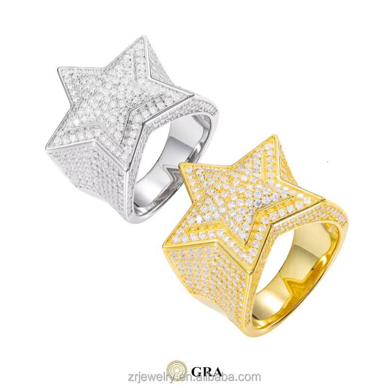 Iced Out S925 Moissanite Star Hiphop Rings Luxury Sterling Silver Gold Plated Moissanite Ring Men