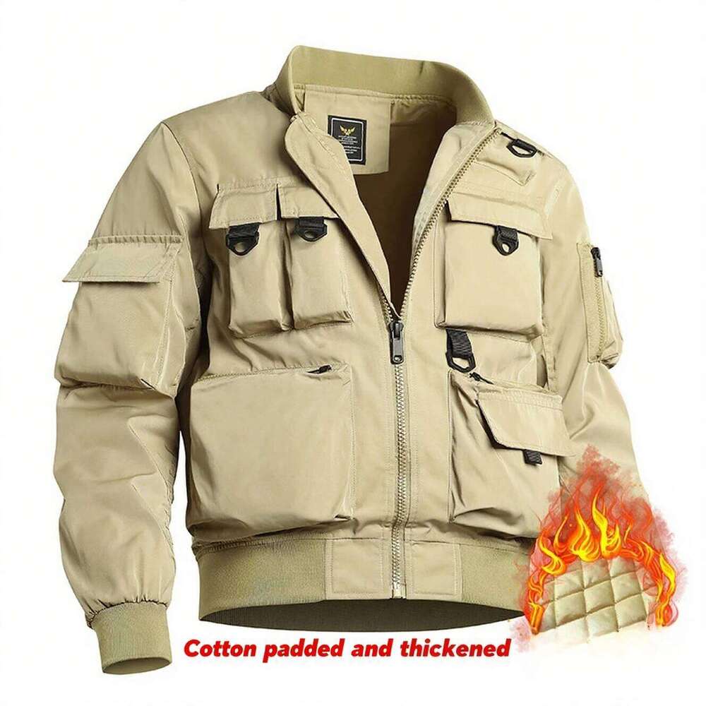 Thickened multi-pocket men's windproof down jacket, vintage men's motorcycle jacket