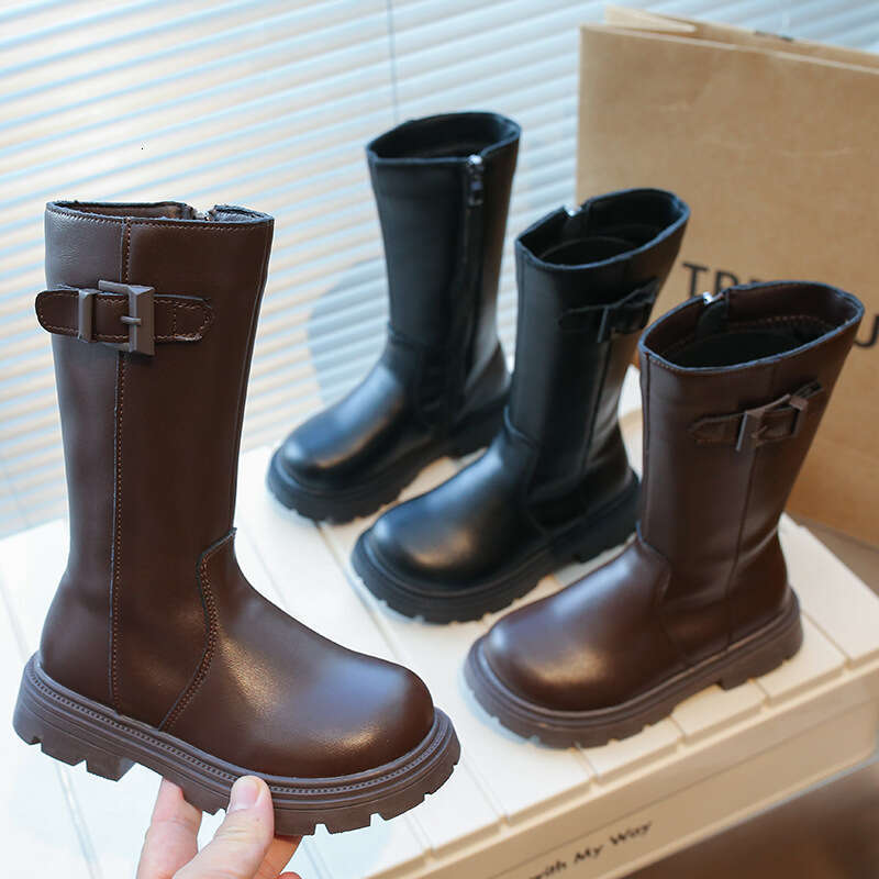 Girls' Children's 2025 Winter New Style Big Kids Leather Long High Tube Princess Fleece-Lined Boots