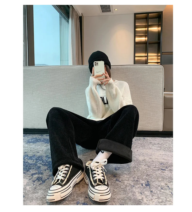 Womens Fleece Wide Leg Pants Winter High Waist Long Loose Casual 251219