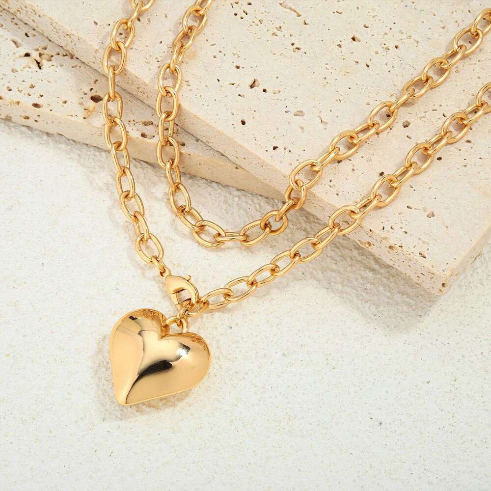Simple Double Layer Stacked Necklace Fashion Versatile Elegant High-End Heart Pendant