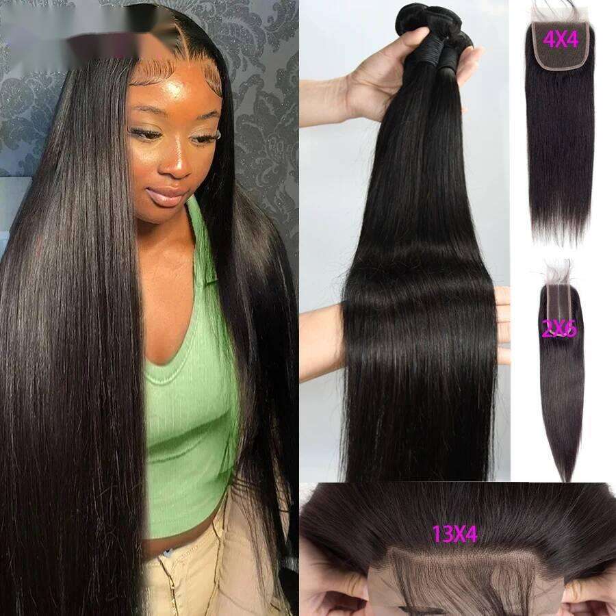 Straight Human Closure 2X6 4X4 Raw Brazilian Hair Extensions Weave 3 4 Bundles With 13X4 Transparent Frontal VMS