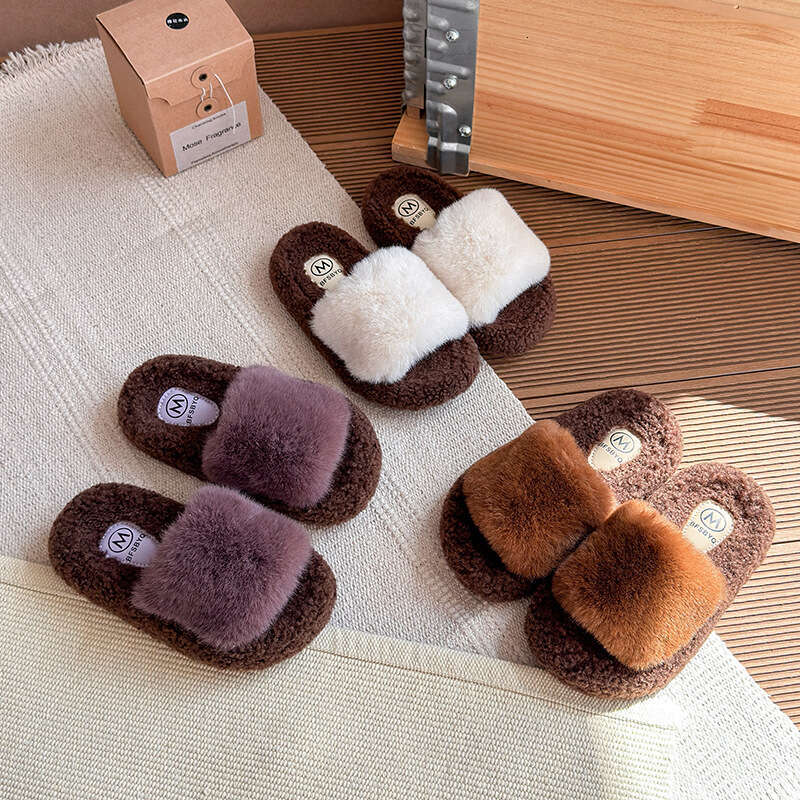 Ins Slip-On Furry 2025 Autumn Winter New Korean Style Girls' Outdoor Thick-Soled Plush One-Word Cotton Slippers
