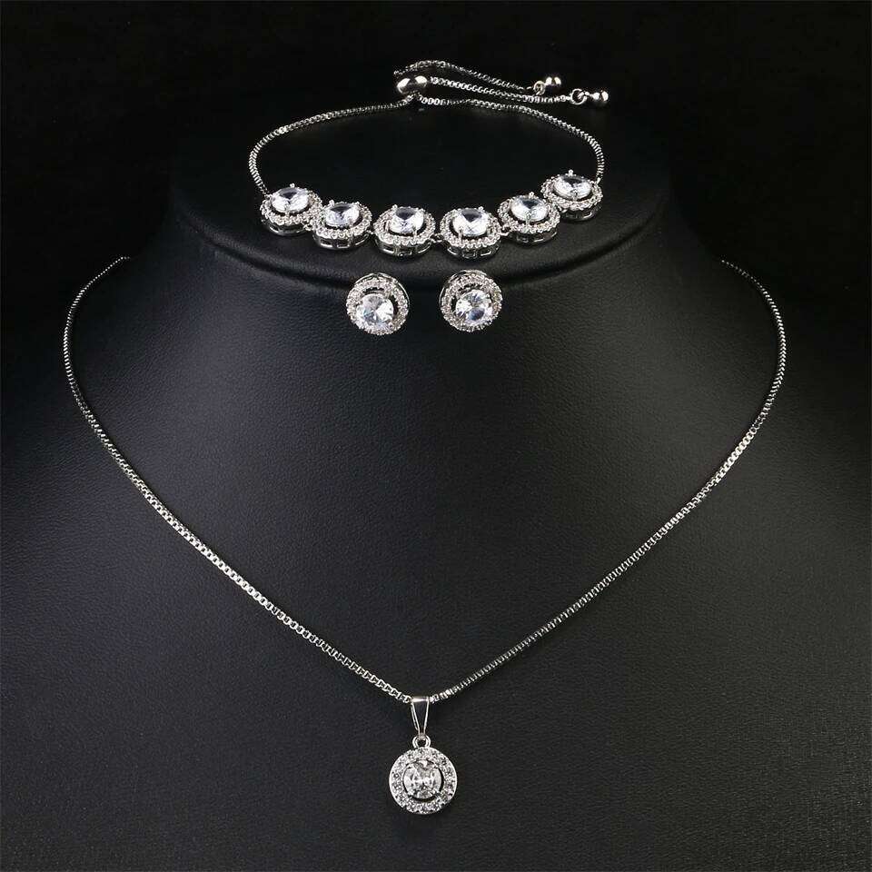 ZAKOL 3 Pcs Jewelry Set for Women Bridal Clear Round AAA Zircon Earrings Bracelet Necklace Sets With Gift Box