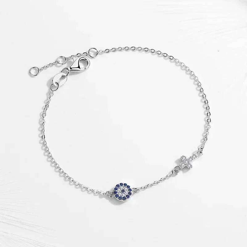 Kaletine Charm Blue Evil Eye Cross Bracelet 925 Sterling Silver Small Bracelets For Women Hamsa Good Luck CZ Jewelry KLTB056 25H1229