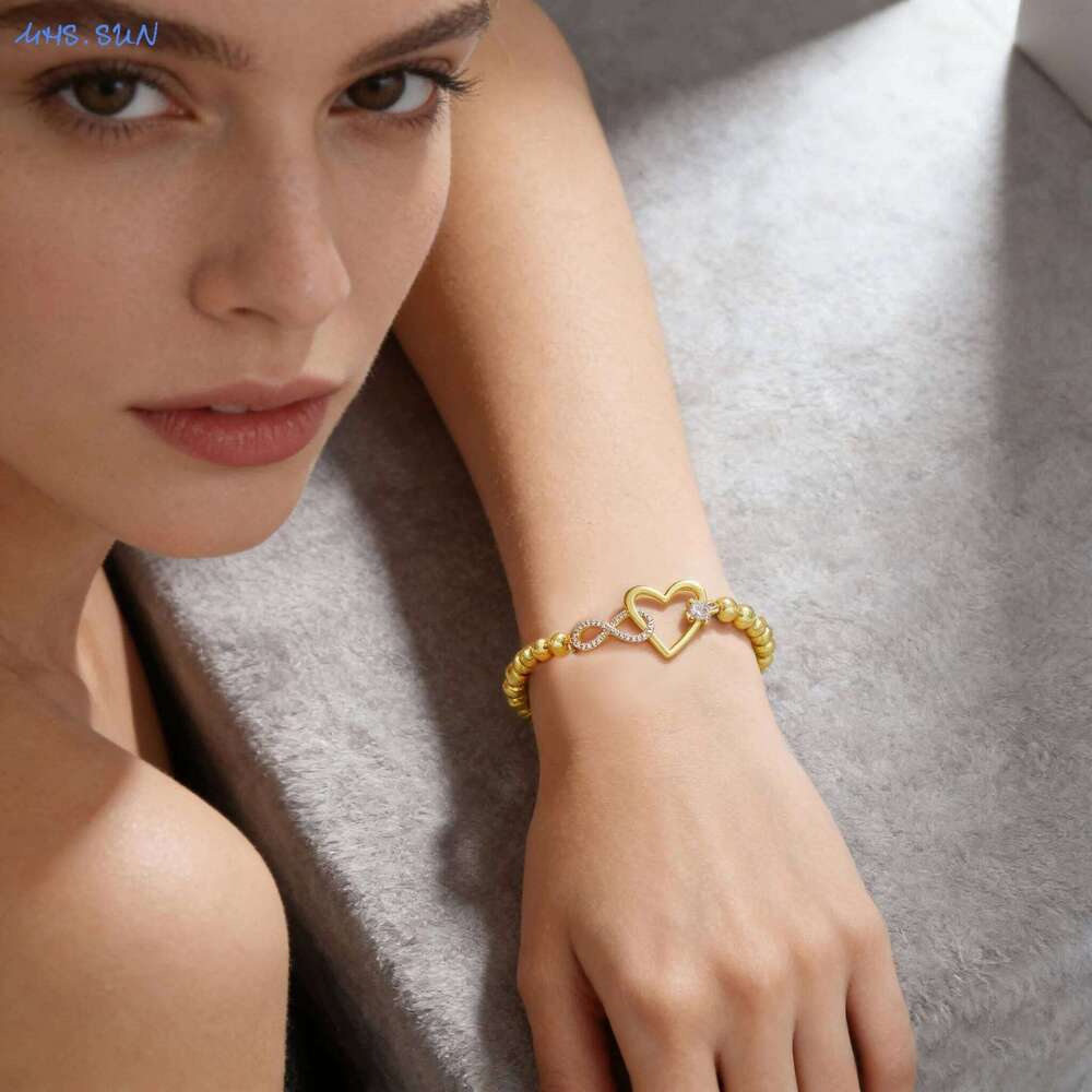 MHS.SUN Cubic Zircon Heart Charm Bracelets For Women Girls Gold Plated 4MM Beads Bracelet Engagement Party Jewelry Gifts 25H1229