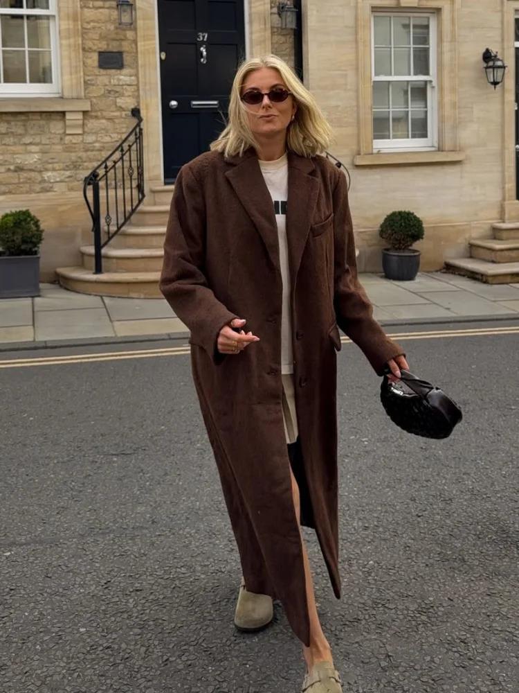 Women Brown Lapel Woolen Overcoat Casual Full Sleeve Single Breasted Loose Pockets Coat 2025 Autumn Lady Commute Outerwear 251216
