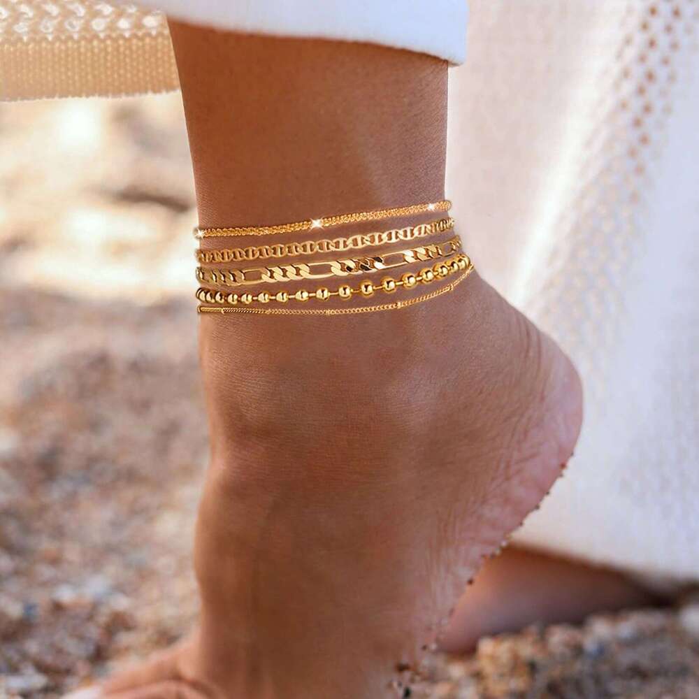 Cross-Border New Waterproof Cuban Tennis Herringbone Beaded Chain Anklet Set Multi-Layer Stacking Package for Women