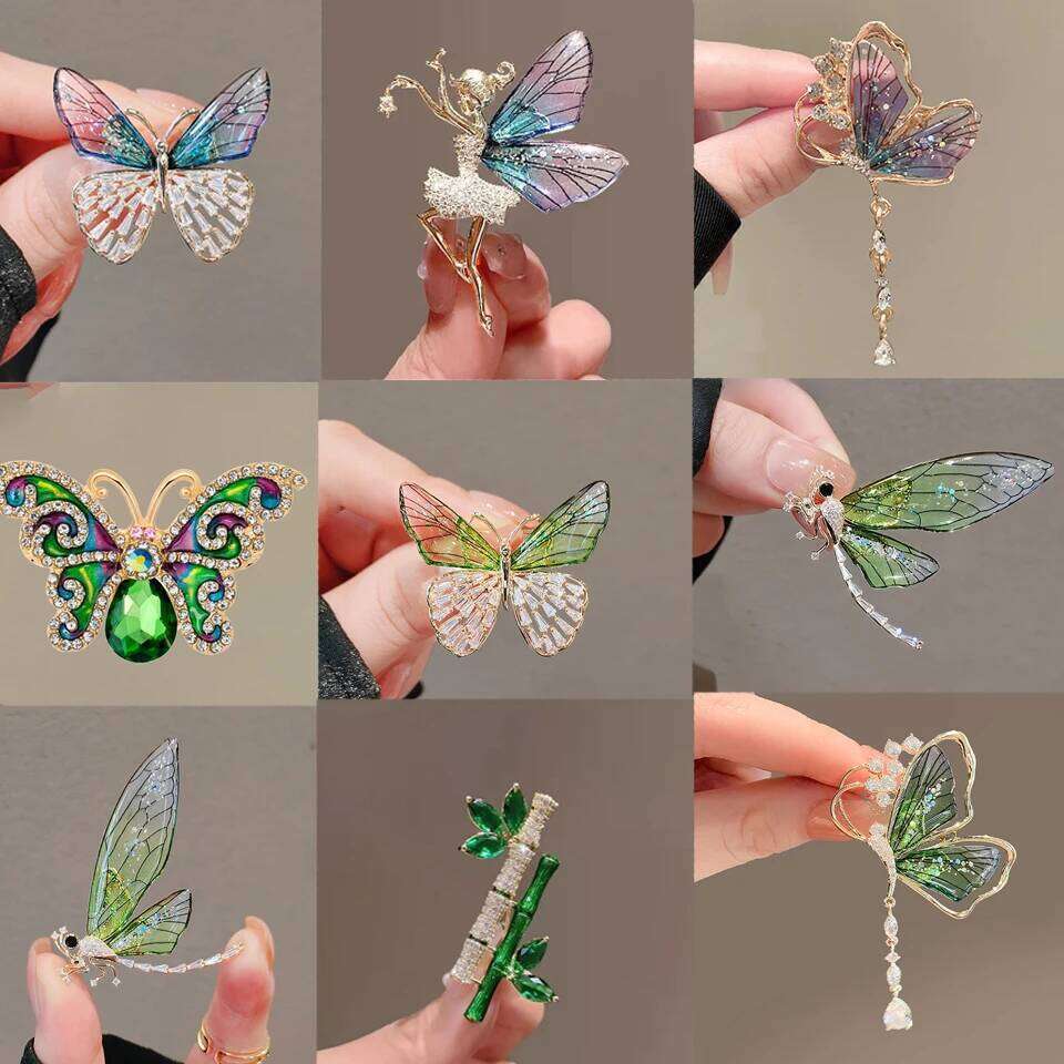 ZAKOL Exquisite Green Crystal Butterfly Dragonfly Brooch Fashion Lapel Pins for Women Girl Autumn Winter Versatile Accessories