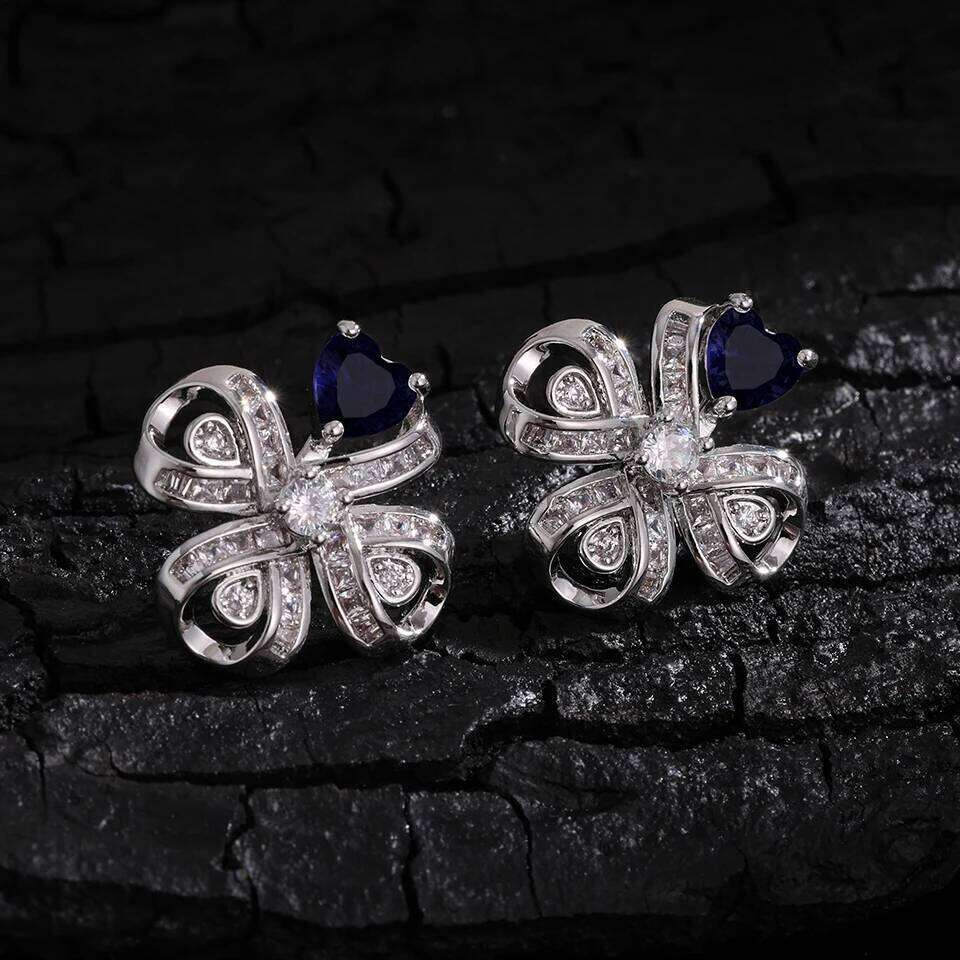 ZAKOL Classic Luxury Full Crystal CZ Four-leaf Clover Stud Earrings for Women Heart Zirconia Women's Wedding Party Jewelry