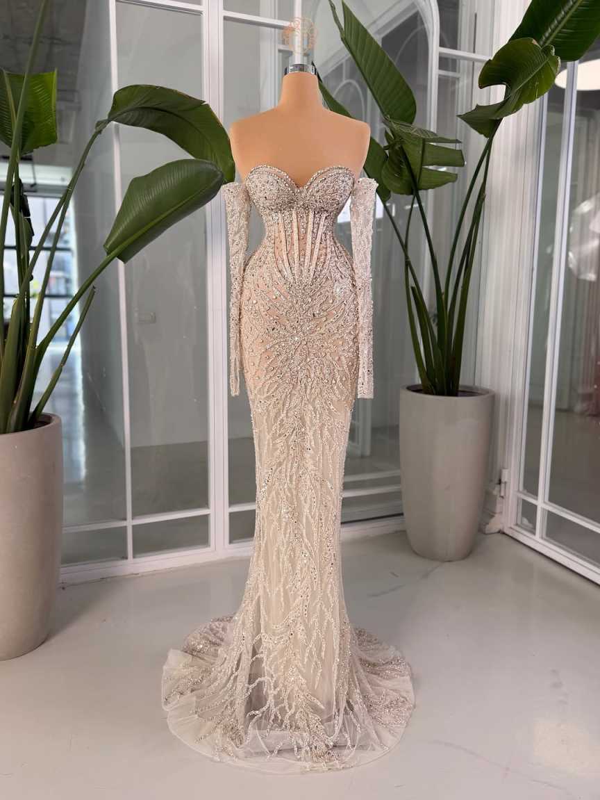 Charming Mermaid Evening Dress Strapless Sequins Crystal Prom Gowns Sheath Beaded Lace Floor Length Party Dresses Customized