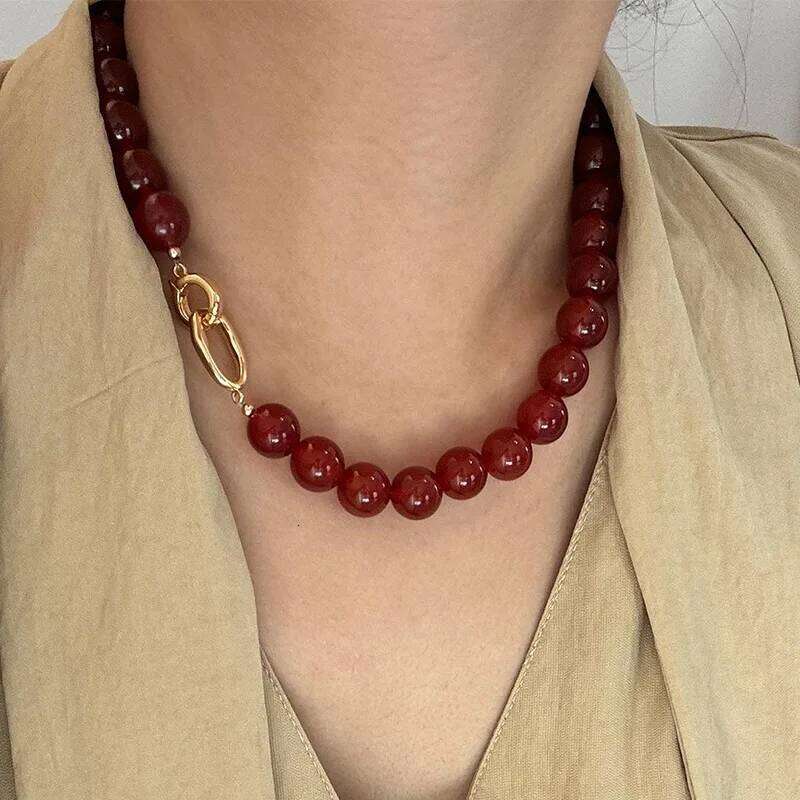 ZAKOL 8mm/10mm Dark Red Agate Natural Stone Strand Beaded Necklace Double Toggle Clasp Sweater Chain Choker for Women