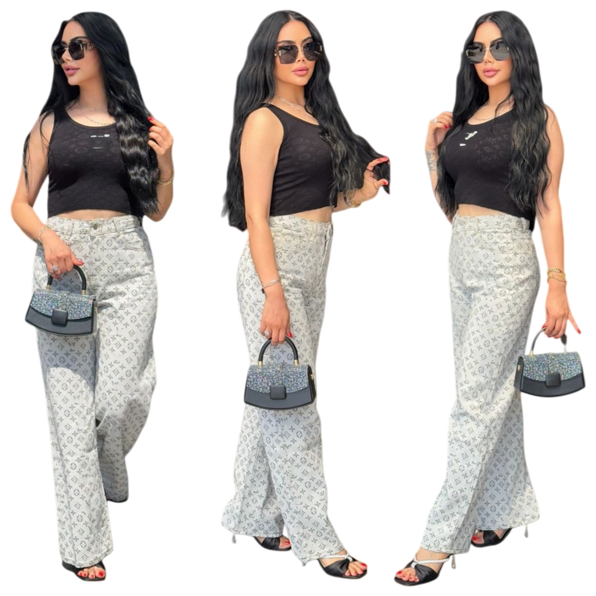 2026 Fashion Print Jeans Wide Leg Pants Women Casual High Waist Denim Trousers Free Ship