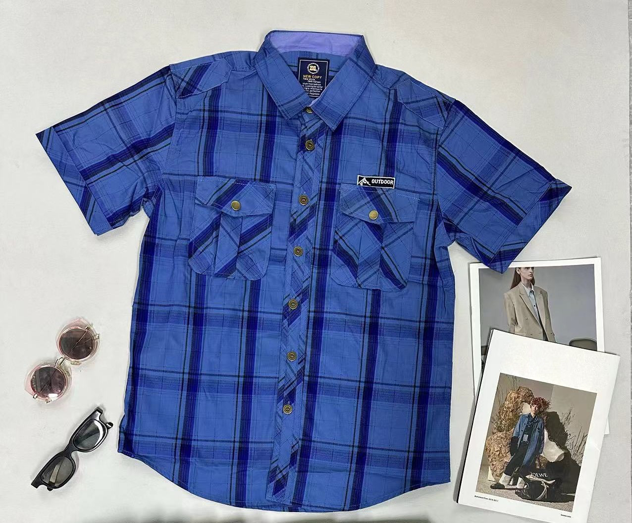 Men's Plaid Short-Sleeve Shirt - 100% Cotton, Multi-Color Options, Button-Front Design with Chest Pockets, Casual Outdoor Style for Daily Wear - 