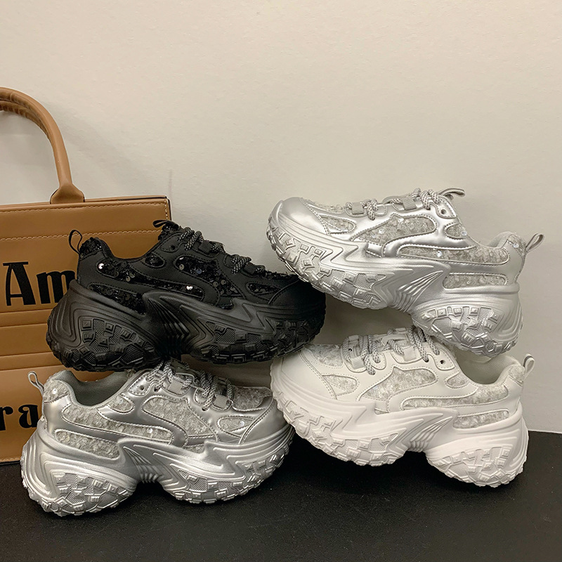 2026 Spring and Summer New Design Women Mesh Sequin Casual Shoes Tire Thick Sole Trendy Fashion Sports Shoes White Silver Black Free Shipping Size 35-