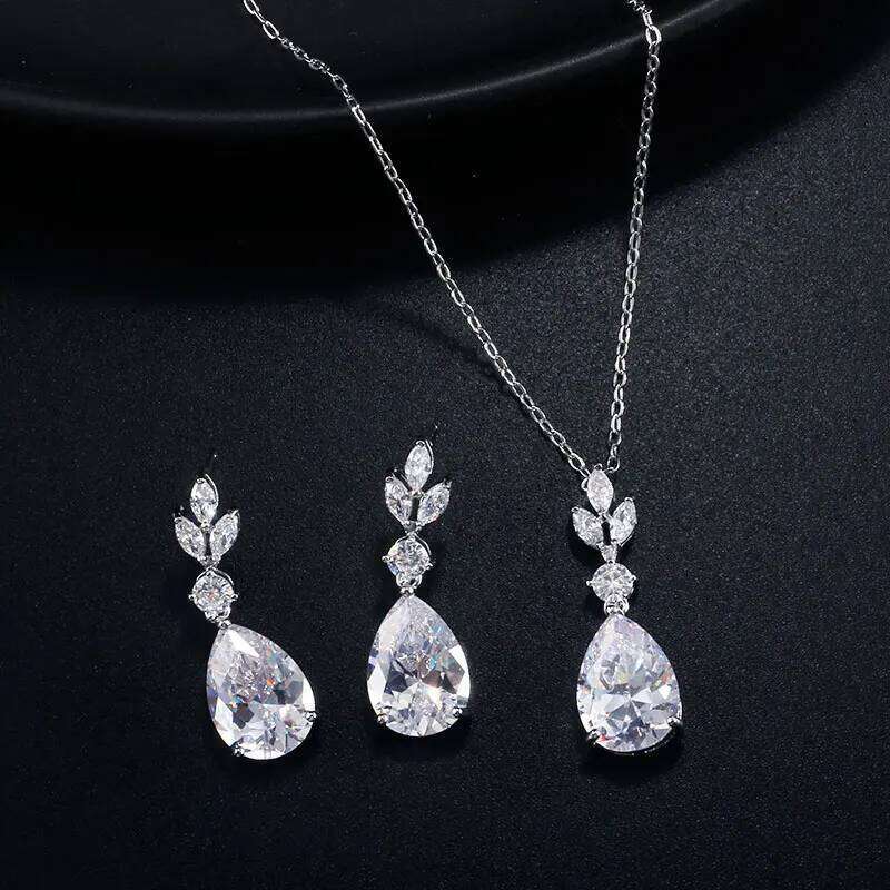 ZAKOL AAA Cubic Zirconia Leaf Dangle Earrings Necklace for Women Luxury Bridal Wedding Jewelry Set