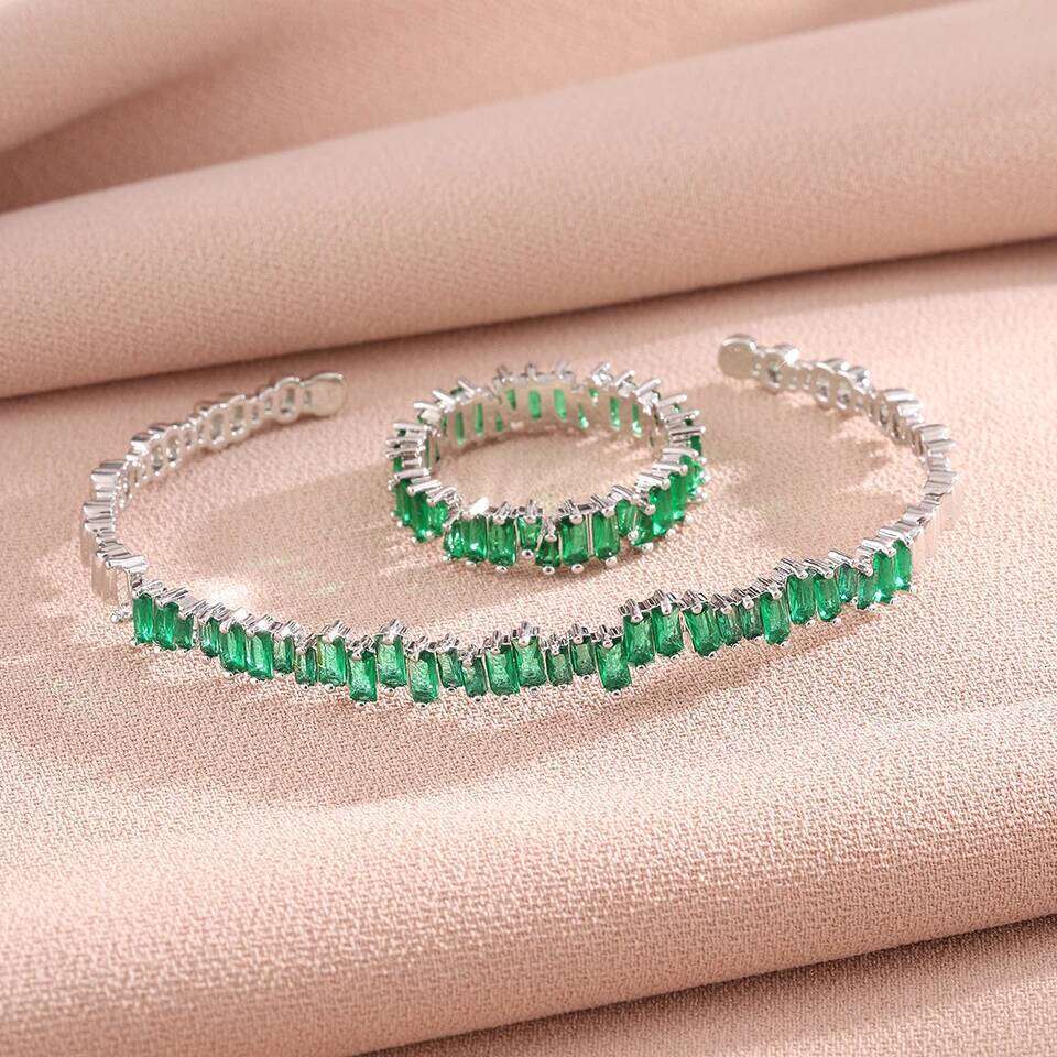 ZAKOL Classic Colorful Baguette Zircon Bangle Rings for Women Shiny Crystal Engagement Wedding Jewelry Christmas Gift