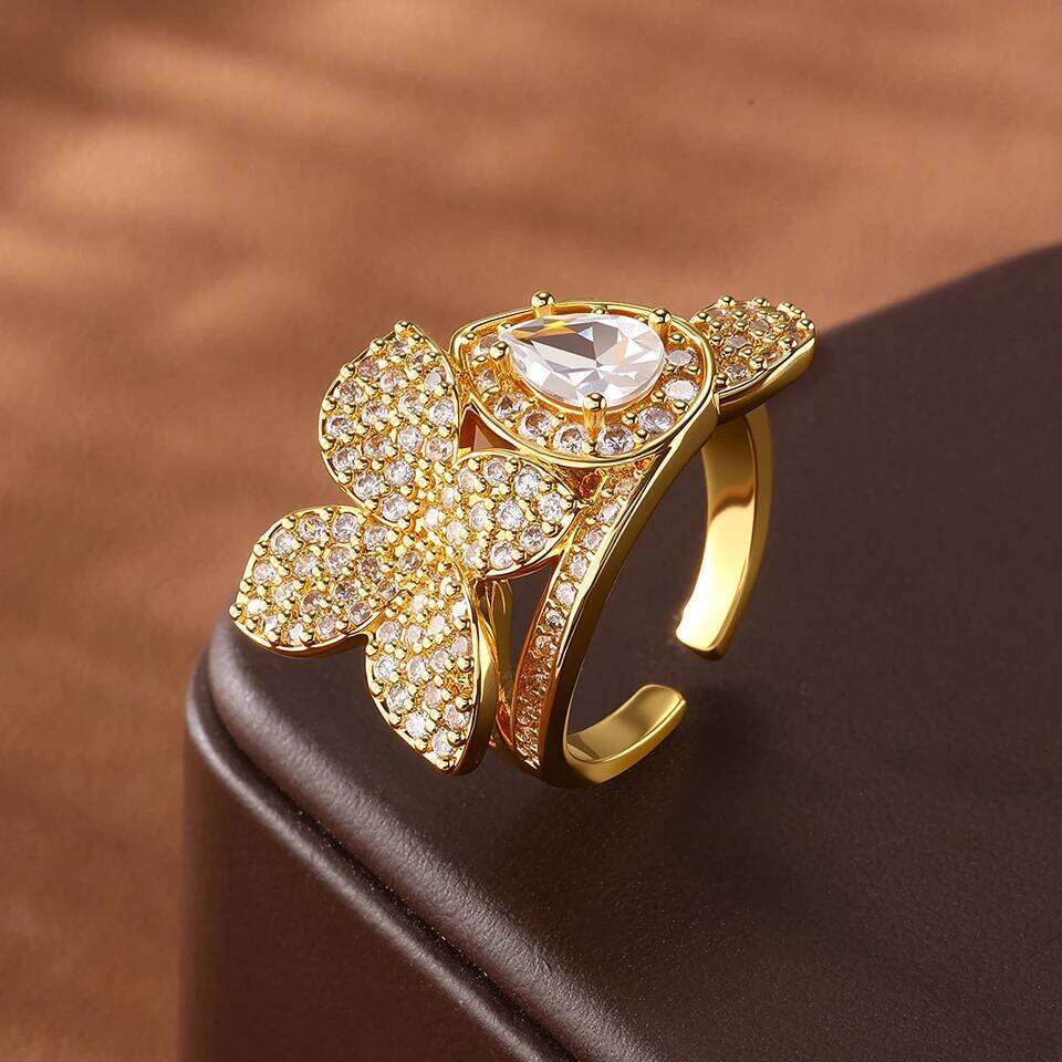 ZAKOL Exquisite Micro-intact Zircon Leaf Flower Open Ring Women Gold/Silver Color Metal Fashion Jewelry for Party Daily Wear